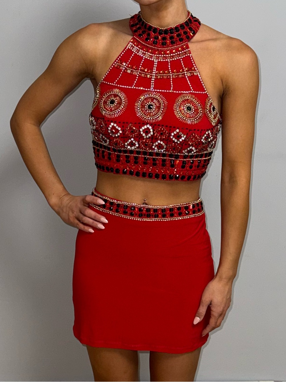 Red Beaded Halter Crop Top and Mini Skirt Set